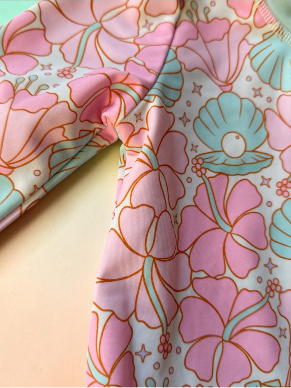 Caden Lane Pink & Mint Seashell Ruffle Rashguard One-Piece - Picture 5 of 7